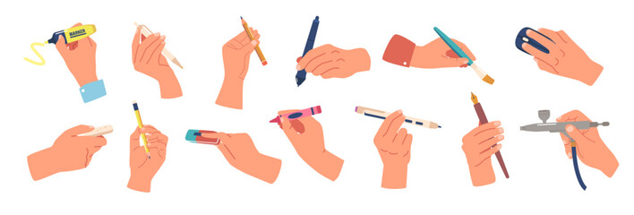 set of human hands holding various writing tools such as stylus, pen, crayon or marker, quill pen, b