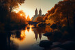 Central park in New York City. River in Central Park, Manhattan, New York. Parks in NYC. River in town on sunset. View on buildings and skyscrapers from central park NYC. Ai Generative illustration.