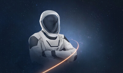 Poster - Astronaut with light trail from spaceship on deep space background. Spaceman with stars. Elements of this image furnished by NASA