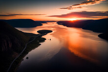 Hudson River On Sunset, Aerial View. Hudson River In Mountains At Hudson Highlands State Park. Lake In Mountainside. Nature Landscape. River In Mountains And Rocks. Ai Generative Illustration.