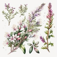 Poster - About Watercolor Heather Flower Floral Clipart, Isolated on White Background.