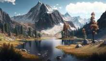 Nature's Glory, Scenic Mountain Range With River And Golden Tree, Serene Summer Scene, Mountain Range With Flowing River And Golden Tree (ai Generated)