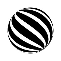 Sphere with swirled black and white stripes. 3D spherical shape model. Striped ball isolated on white background. Globe figure in perspective