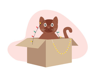 Wall Mural - Winter cat in box. Charming kitten with garland, decoration for apartment and Christmas tree. New Year and winter holidays. Poster or banner. Cartoon flat vector illustration