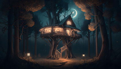 Wall Mural - treehouse with  moon above 