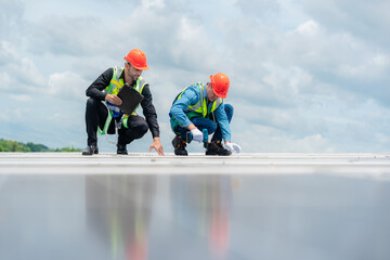 Two young engineer and inspector wearing safety vest and hard helmet inspecting solar panel by kneeling and filling holes and fixing damage using a drill machine while holding a clipboard