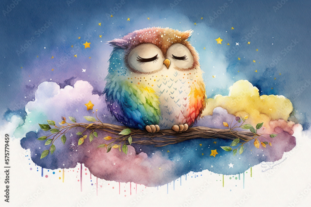 watercolor drawing. the owl sleeps on a cloud and a rainbow. cute ...