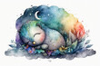 watercolor drawing. the owl sleeps on a cloud and a rainbow. cute childish drawing. ai generative