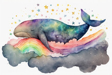 Watercolor Drawing. The Whale Sleeps On A Cloud And A Rainbow. Cute Childish Drawing. Ai Generative
