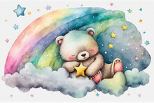 Watercolor Drawing. The Bear Sleeps On A Cloud And A Rainbow. Cute Childish Drawing. Ai Generative
