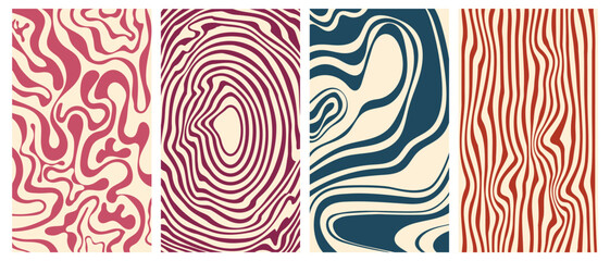 Wall Mural - Groovy hippie 70s vector backgrounds set. Chessboard and twisted patterns. Backgrounds in trendy retro trippy style. Twisted and distorted vector texture in trendy retro psychedelic style