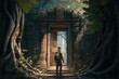 Explorer at ancient temple door in forest, temple lost in the jungle, Generative AI
