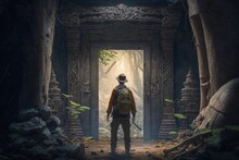 Explorer At Ancient Temple Door In Forest, Temple Lost In The Jungle, Generative AI
