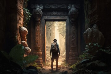 explorer at ancient temple door in forest, temple lost in the jungle, generative ai