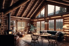 Wooden Cabin Interior In The Mountains, Modern Wooden House In Pine Forest, Generative AI
