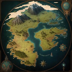 Middle ages kingdom fantasy map, RPG game map, Generative AI