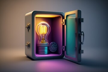 Safe box with bulb lamp, lamp inside vault, valuable idea concept, Generative AI