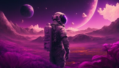 Wall Mural - Astronaut exploring purple planet, Landscape on purple exoplanet, Generative AI