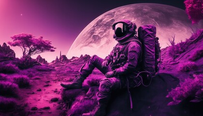 Wall Mural - Astronaut exploring purple planet, Landscape on purple exoplanet, Generative AI