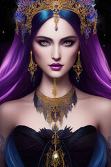 beautiful  princess in black and purple, wearing  necklase