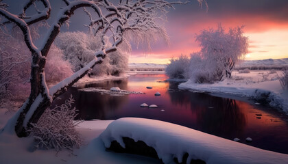 Wall Mural - Snowy Glacial Landscape with Red Willow Trees and Dusk Sunset River Village - a picturesque wallpaper background featuring a beautiful winter landscape and a dusk sunset river village