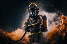 Firefighter Training., Fireman Using Water And Extinguisher To Fighting With Fire Flame In An Emergency, Under Danger Situation All Firemen Wearing Fire Fighter Suit For Safety. Generative AI