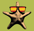 A large and funny starfish lies on a green background in sunglasses with the flag of Spain.Celebrity summer holiday and vacation concept.Coastal recreation areas, Gibraltar.Vector illustration, eps 10