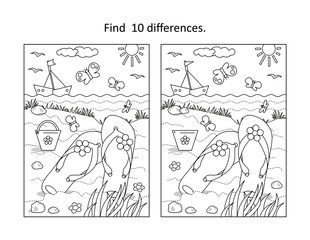 Wall Mural - Find 10 differences visual puzzle and coloring page. Summer vacation scene with flip-flops, yacht, toy bucket at the beach
