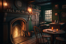 A Pub With A Fire Place And Patrons Enjoying Pints Of Beer Created With Generative AI Technology