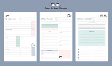 3 Set Of Daily, Week, Monthly Planner. Cute Style With Sean And Sea Partners. Plan Your Day Make Dream Happen.