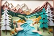 © Deivison - Landscape with mountains, river and pine forest made from paper cutout. Generative AI
