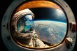 View from inside an astronaut's helmet, astronaut and planet Earth in the background. Generative AI