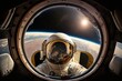 View from inside an astronaut's helmet, astronaut and planet Earth in the background. Generative AI