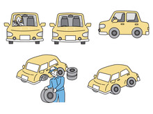 車のイラスト(運転、免許、整備、タイヤ交換、トラブル、点検、整備、整備士) Illustration Of The Car. Driving, Licensing, Maintenance, Tire Replacement, Trouble, Inspection, Maintenance, Mechanic.