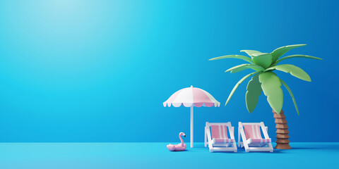 Wall Mural - Summer tropical banner concept design 0f beach chair and umbrella flamingo inflatable with coconut tree on blue background 3D render