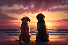 Two Best Friends Dogs Watching The Sunset Together At The Lake Or The Beach / Sea / Ocean
