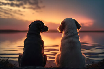 Two best friends dogs watching the sunset together at the lake or the beach / sea / ocean