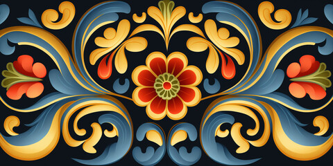 Norwegian Rosemaling Folk Art Pattern Background, Generative AI Art Illustration