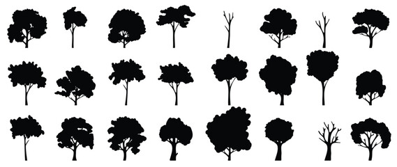Set of trees silhouette vector. Forest trees, jungle, coconut tree, nature, ecology vector symbol hand drawn collection isolated on white background. Design for logo, sticker, branding, artwork.
