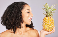 Pineapple, Black Woman Smile And Yellow Tropical Fruit For Vitamin C Diet And Wellness. Isolated, Studio Background And Nutrition For Detox, Weight Loss And Skin Glow With Healthy Organic Fruits