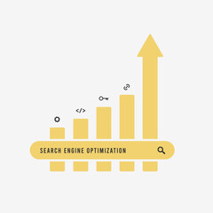 Wall Mural - seo optimization concept. search bar with search engine optimization query, graph with icons of seo 