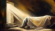 Easter Jesus Christ rose from the dead. Sunday morning. Dawn. The empty tomb in the background of the crucifixion. Happy easter. Christian symbol of faith, art illustration painted oil style