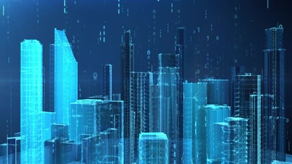Wall Mural - Blue Technology Citys, Digital technology city building, future high-tech city. Aerial view of the city, corporate publicity background video.