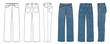 Straight jeans pants vector template illustration cad technical drawing