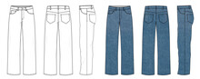 Straight Jeans Pants Vector Template Illustration Cad Technical Drawing
