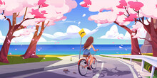 Girl Riding Bike On Japanese Road Near Coast Through Sakura Forest With Falling Petals. Cherry Blossom Sea View Vector Cartoon Background. Female Cyclist Ride Downhill To Ocean On Weekend.