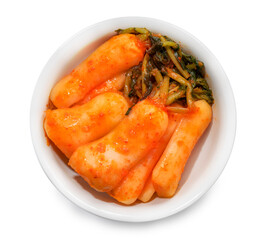 Wall Mural - Bachelor kimchi on white background or Radish kimchi with Ponytail radish Korean traditional fermented vegetable a side dish at meals isolate on white with clipping path.