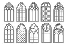 Gothic Church Windows. Vector Architecture Arches With Glass. Old Castle And Cathedral Frames. Medieval Stained Interior Design. Vintage Illustration