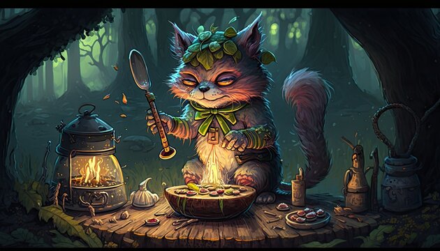 Cute little Cat troll preparing a meal for her forest friends, magical fairytale illustration ai art