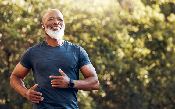 happy black man running in park with music, smile and mockup in nature, garden and workout. senior m